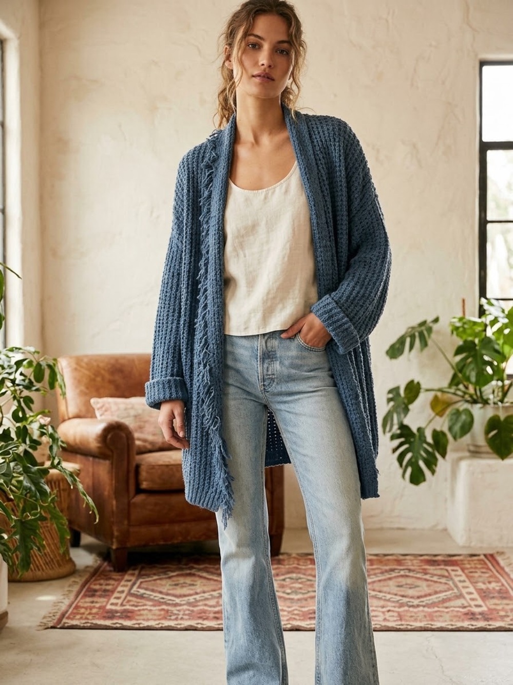 Free People Chunky Open-Front Cardigan - Dusty Blue